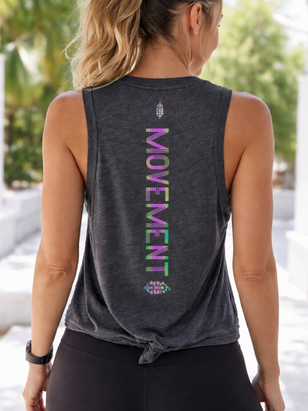 Free People Movement Charcoal Gray Tank Reflective Back Graphic Hidden Print